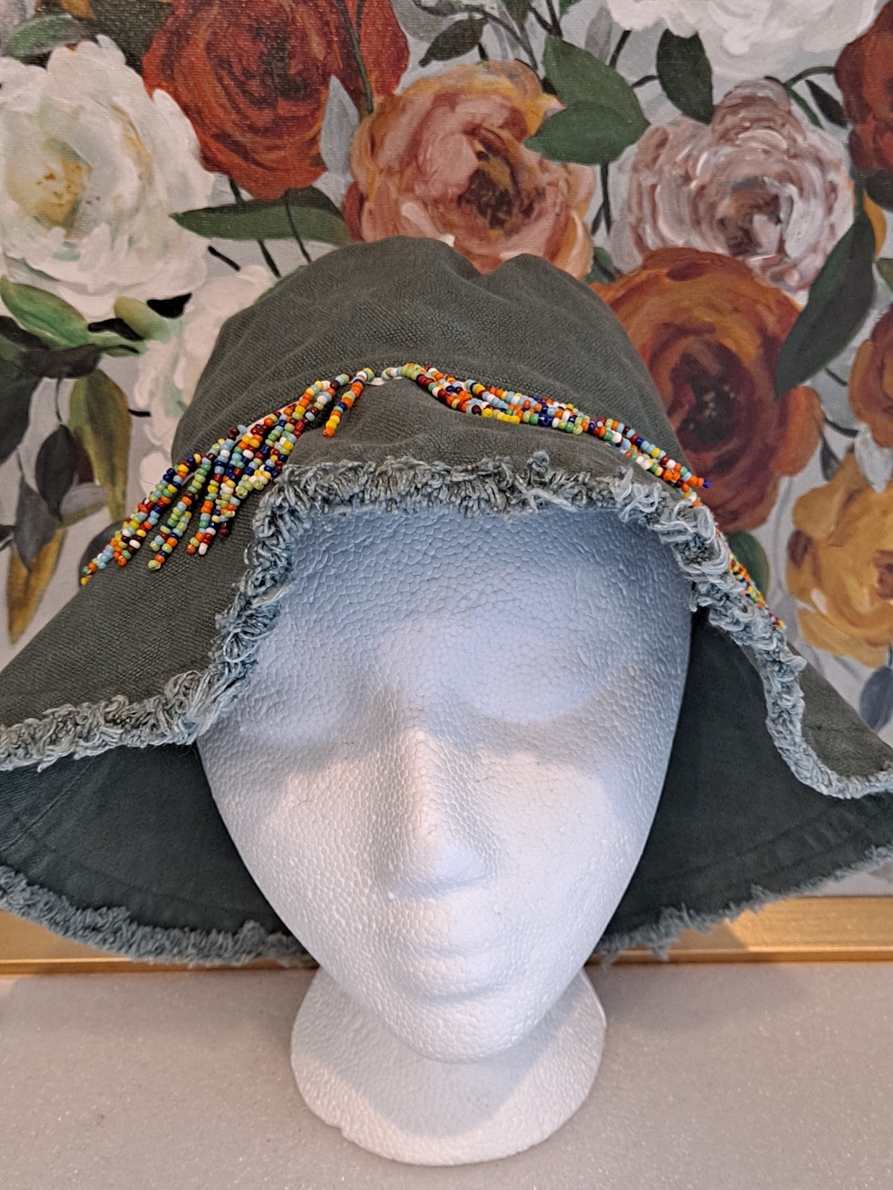 Badgley Mischka Olive Green Beaded Fringe Woven Cotton Denim Bucket Hat